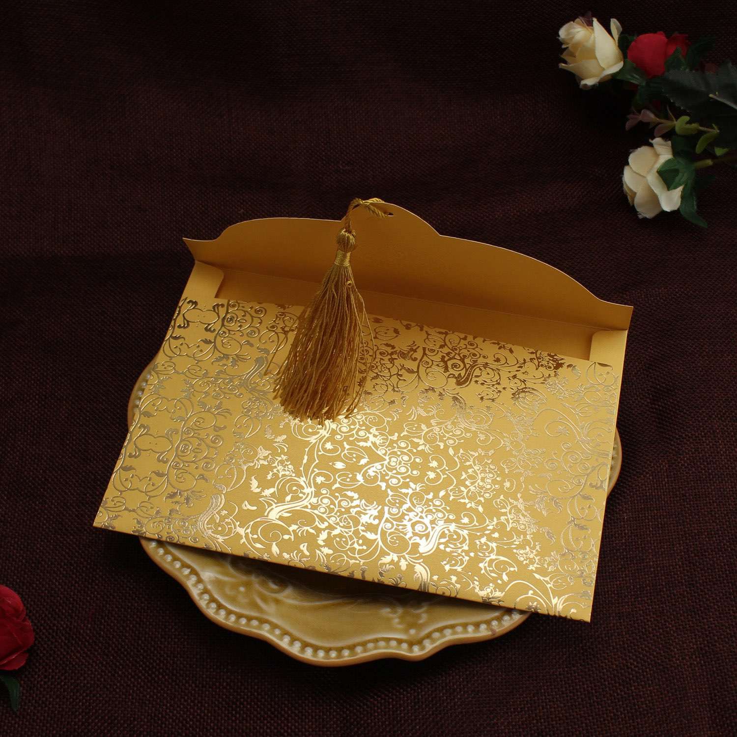 Pocket Invitation Card with Tassel Foil Printing Wedding Invitation Customized 